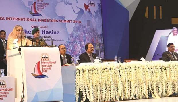Bangladesh PM Sheikh Hasina addressing the u201cBEPZA International Investors Summit 2018u201d at Bangabandhu International Conference Centre (BICC) in Dhaka yesterday.