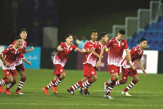 Wydad players celebrate their victory over Fenerbahce in the Al Kass Cup yesterday.