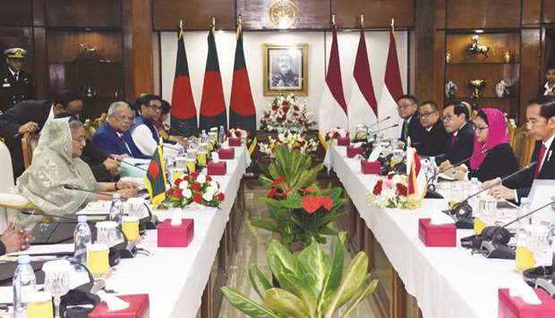 Bangladeshi and Indonesia leaders hold bilateral talks in Dhaka yesterday.