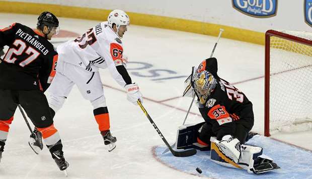 Pacific Division forward Rickard Rakell (centre) of the Anaheim Ducks shoots the puck on Central Division goalie Pekka Rinne of the Nashville Predators during the 2018 NHL All Star Game at Amalie Arena in Tampa. PICTURE: USA TODAY Sports
