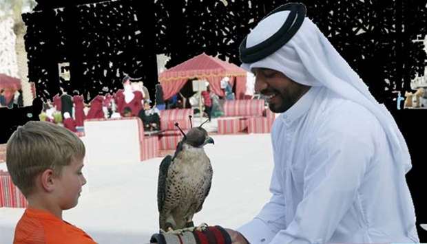 A child learns about falcons at Qatar Foundationu2019s Our Heritage event.