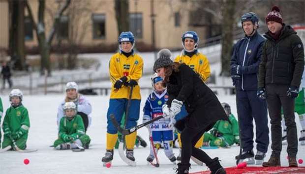 Britain's Prince William and Catherine, the Duchess of Cambridge, visit a bandy ice rink in Stockholm, during their official visit to Sweden on Tuesday.