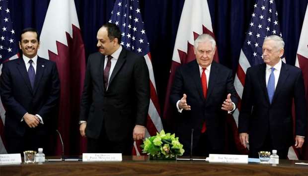 US Secretary of State Rex Tillerson next to Defense Secretary Jim Mattis welcomes HE the Deputy Prime Minister and Foreign Minister Sheikh Mohamed bin Abdulrahman al-Thani and HE the Deputy Prime Minister and Minister of State for Defence Affairs Dr Khalid bin Mohamed al-Attiyah at the opening session of the inaugural US-Qatar Strategic Dialogue at the State Department in Washington