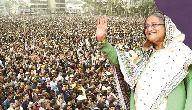 Bangladesh Prime Minister Sheikh Hasina waving hands at a rally in Sylhet yesterday.