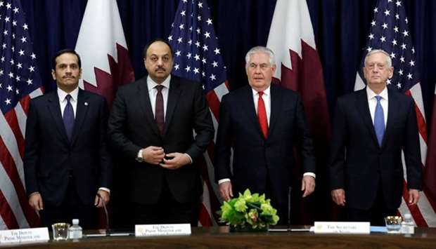 US Secretary of State Rex Tillerson next to Defense Secretary Jim Mattis welcomes HE the Deputy Prime Minister and Foreign Minister Sheikh Mohamed bin Abdulrahman al-Thani and HE the Deputy Prime Minister and Minister of State for Defence Affairs Dr Khalid bin Mohamed al-Attiyah at the opening session of the inaugural US-Qatar Strategic Dialogue at the State Department in Washington
