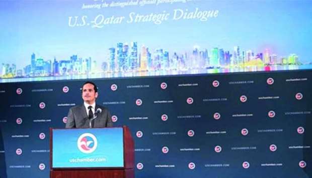 HE the Deputy Prime Minister and Foreign Minister Sheikh Mohamed bin Abdulrahman al-Thani speaking at the US Chamber of Commerce in Washington, DC, on Tuesday.