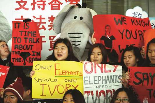 Supporters of an ivory ban protest outside the Legislative Council in Hong Kong, yesterday.