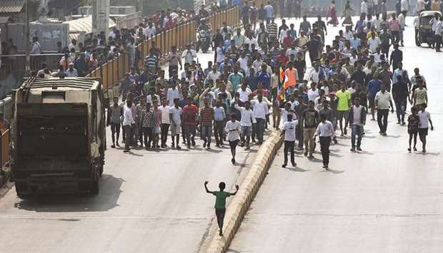 Republican Party of India (RPI) supporters block a street during a protest in Mumbai yesterday.
