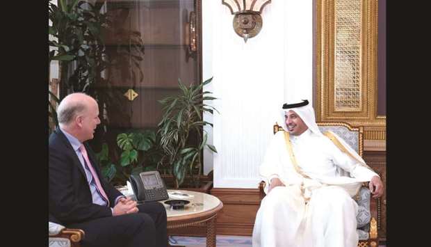 HE the Prime Minister and Minister of Interior Sheikh Abdullah bin Nasser bin Khalifa al-Thani holding talks with UKu2019s Secretary of State for Transport and Member of Parliament Chris Grayling in Doha yesterday. The meeting reviewed co-operation between Qatar and the UK, and ways to boost and develop them.