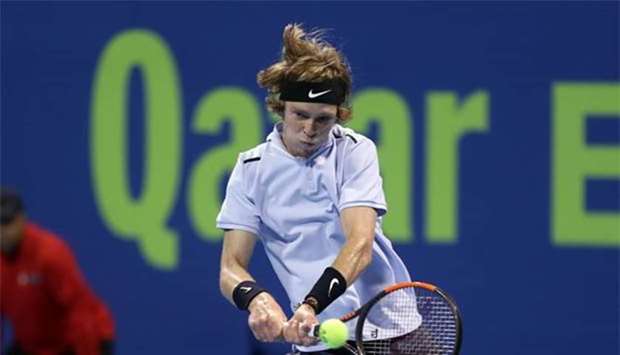 Andrey Rublev returns the ball to Borna Coric in the quater-final of the ATP Qatar Open in Doha on Thursday.