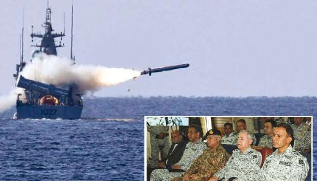 PNS Himmat firing the Harbah naval cruise missile. Inset: Chief of Naval Staff  Admiral Zafar Mahmood Abbasi and other officers and officials at the briefing on the Harbah naval weapon system.