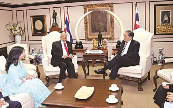 Bangladesh Finance Minister Abdul Muhith during a meeting with his Thai counterpart Apisak Tantivorawong in Bangkok.