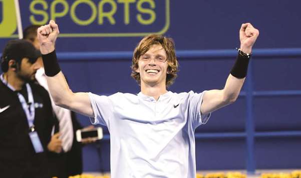 Russiau2019s Andrey Rublev celebrates after winning his Qatar ExxonMobil Open semi-final against Argentinau2019s Guido Pella yesterday. PICTURE: Jayan Orma