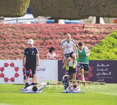 Bayern Munich players train at Aspire Zone yesterday.