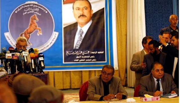 Sadeq Amin Abou Rass (2nd R) who was picked to succeed Yemen's slain former president Ali Abdullah Saleh as a leader of the General People's Congress party, attends a meeting of the party's leadership in Sanaa.