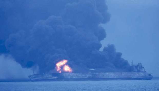The Panamanian-flagged tanker Sanchi on fire after a collision with a cargo ship at sea.