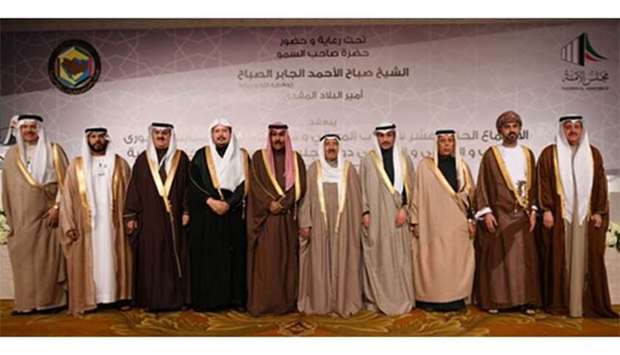 The Emir of Kuwait Sheikh Sabah al-Ahmad al-Jaber al-Sabah is pictured with GCC officials and representatives of GCC countries at the meeting. 