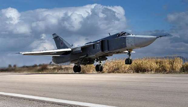 A Sukhoi Su-24 fighter plane taking off from Hmeimim air base, Syria.