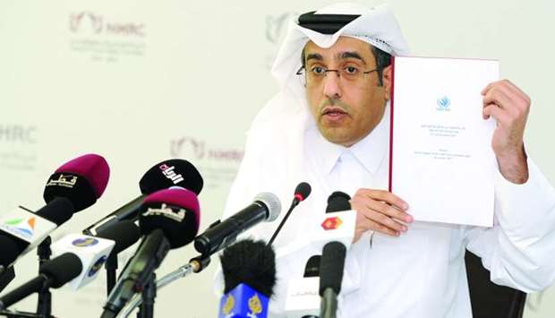 NHRC chairman Dr Ali bin Smaikh al-Marri displays a copy of the report submitted by the UN technical mission from the Office of the High Commissioner for Human Rights. PICTURE: Nasar T K