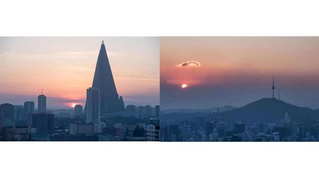 A combination picture shows the sun setting behind the skyline of Pyongyang (left) and the sun rising behind the skyline of Seoul (right). The two Koreas agreed last week to hold their first official dialogue in more than two years and will meet today at the truce village of Panmunjom.