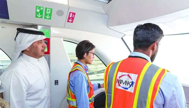HE the Prime Minister and Minister of Interior Sheikh Abdullah bin Nasser bin Khalifa al-Thani during a test ride of one of the trains plying the Doha Metro project's Red Line.