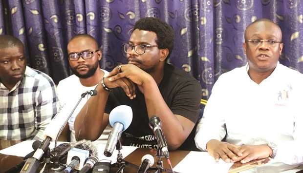 Members of the Congolese civil security movement attend a news conference in Kinshasa yesterday.