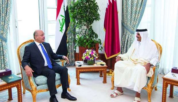 His Highness the Amir Sheikh Tamim bin Hamad al-Thani holding talks with Iraq's President Dr Barham Salih at the Amiri Diwan