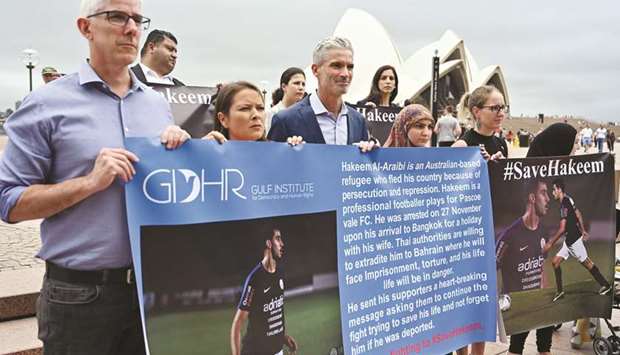 Human rights groups and the Australian football community hold a protest in front of the Opera House for the release of refugee footballer Hakeem Alaraibi in Sydney yesterday.  Alaraibi, who plays for a semi-professional football club in Melbourne, was stopped by Thai immigration on November 27, 2018 after arriving in Bangkok for a vacation with his wife.