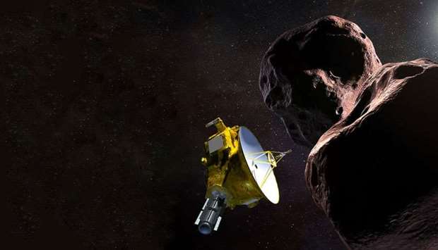 This artist's illustration obtained from NASA shows the New Horizons spacecraft encountering 2014 MU69 u2013 nicknamed u201cUltima Thuleu201d u2013 a Kuiper Belt object that orbits one billion miles beyond Pluto.