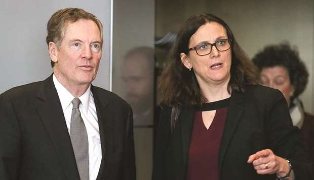 US Trade Representative Robert Lighthizer and European Trade Commissioner Cecilia Malmstrom take part in a meeting in Brussels (file). The United States on Friday signalled it would not bow to the European Unionu2019s request to keep agriculture out of planned US-EU trade talks, publishing negotiating objectives that seek comprehensive EU access for American farm products.