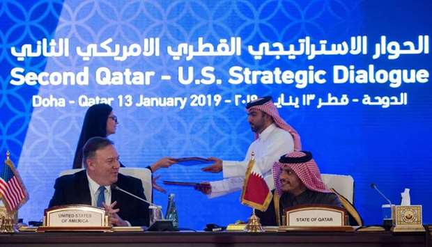 US Secretary of State Mike Pompeo signs an MoU and statement of intent with HE the Deputy Prime Minister and Minister of Foreign Affairs Sheikh Mohamed bin Abdulrahman al-Thani, at the Sheraton Grand, Doha
