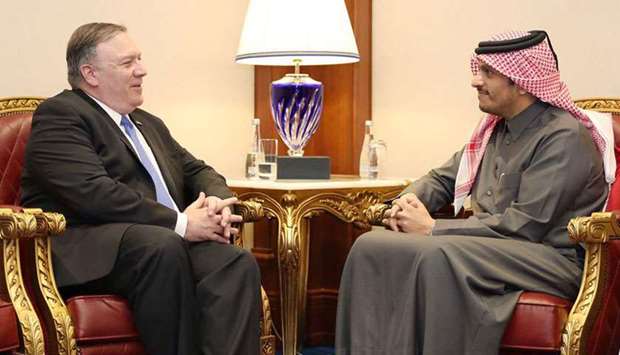 HE the Deputy Prime Minister and Minister of foreign Affairs Sheikh Mohammed bin Abdulrahman al-Thani met on Sunday with US Secretary of State Mike Pompeo, on the sideline of the second round of Qatari-US Strategic Dialogue.