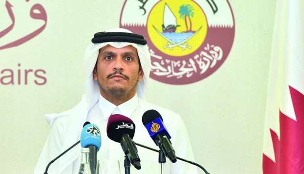 HE the Deputy Prime Minister and Minister of Foreign Affairs Sheikh Mohamed bin Abdulrahman al-Thani addresses a press conference in Doha