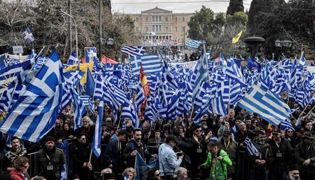 Protesters take part in a demonstration near the Greek Parliament against the agreement with Skopje to rename neighbouring country Macedonia as the Republic of North Macedonia, on January 20, 2019 in Athens.