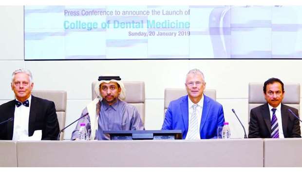 Prof Johann de Vries, Dr Hassan al-Derham, Dr Egon Toft, and Dr Abdul Latif Mohamed al-Khal at the press conference to announce the College of Dental Medicine. PICTURE: Jayan Orma.