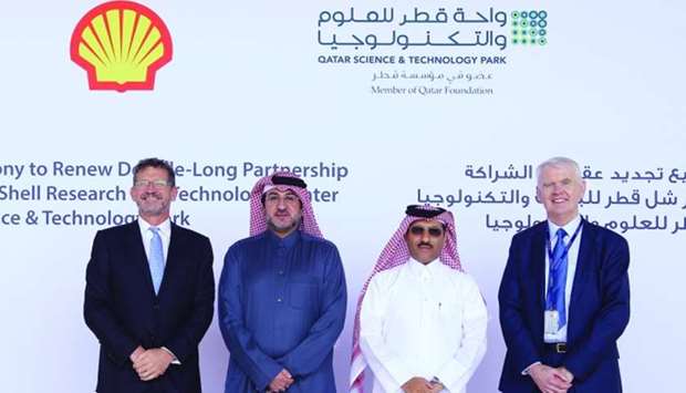 (From right)QF RDI vice president Dr Richard Ou2019Kennedy, QSTP executive director Yosouf Abdulrahman Saleh, QSRTC vice president Hussain al-Hijji, and Qatar Shell managing director and chairman Andrew Faulkner during the signing ceremony.