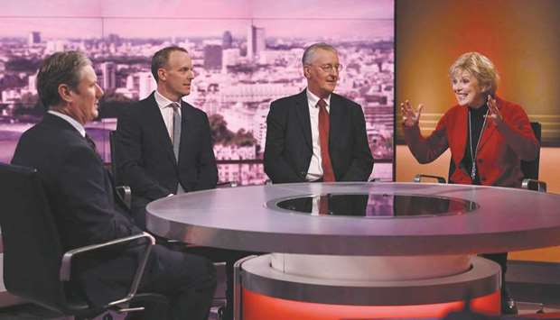 Shadow secretary of state for exiting the European Union, Keir Starmer, former secretary of state for exiting the European Union, Dominic Raab, chair of the Brexit select committee Hilary Benn, and pro-EU lawmaker Anna Soubry appear on BBC TVu2019s The Andrew Marr Show in London yesterday.