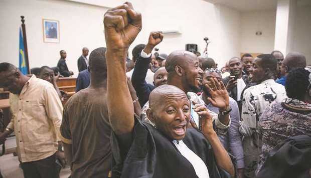 Lawyers representing Felix Tshisekedi celebrate following the pronouncement yesterday of the Constitutional Court confirming Tshisekediu2019s victory in the presidential election in Kinshasa.