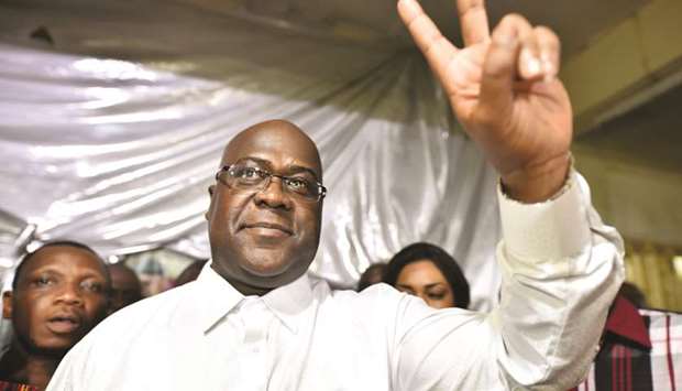 In this file photo, Felix Tshisekedi gestures after he was announced the winner of the presidential elections in Kinshasa.