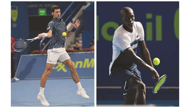 Novak Djokovic blasts a forehand against Bosnian Damir Dzumhur during their first round match yesterday. At right, Qataru2019s Mubarak Shannan Zayid in action against  Guillermo Garcia-Lopez of Spain. The Spaniard won in straight sets. PICTURES:  Noushad Thekkayil