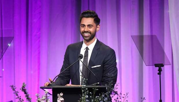In this file photo taken on November 12, 2018 Hasan Minhaj speaks during the Friends of The Saban Community Clinic's 42nd Annual Gala at The Beverly Hilton Hotel in Beverly Hills, California