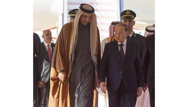 His Highness the Amir Sheikh Tamim bin Hamad al-Thani with Lebanese President Michel Aoun on Sunday at Beirut