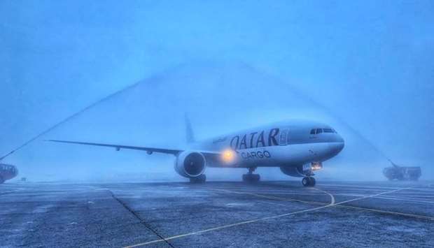 Traditional water salute being given to the Qatar Airways Cargo flight at Almaty airport.