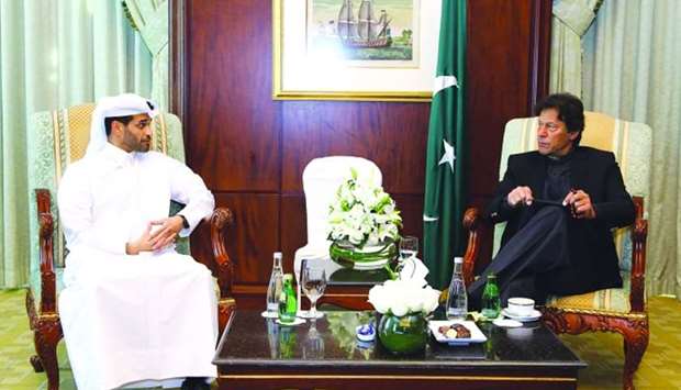 SC secretary-general Hassan al-Thawadi and Pakistan Prime Minister Imran Khan in a meeting to discuss potential collaborations for 2022 FIFA World Cup-related projects. PICTURE: Courtesy of Pakistan Embassy in Doha.
