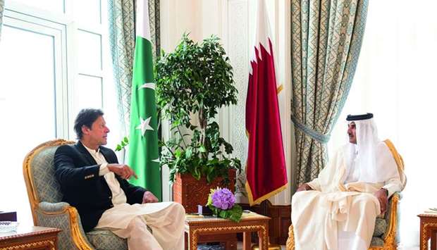 His Highness the Amir Sheikh Tamim bin Hamad al-Thani holds talks with Pakistan's Prime Minister Imran Khan at the Amiri Diwan
