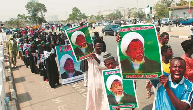 Members of IMN take part in a demonstration against the detention of their leader Ibrahim El-Zakzaky in Abuja yesterday.