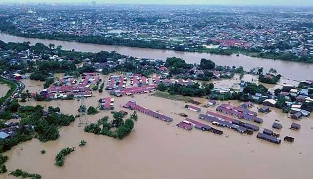 An aerial view of the flood situation in Gowa, Sulawesi