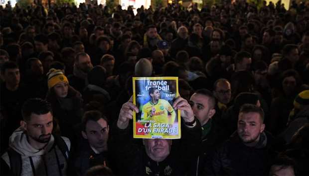 FC Nantes football club supporters gather in Nantes after it was announced that the plane Argentinian forward Emiliano Sala was flying on vanished during a flight from Nantes in western France to Cardiff in Wales