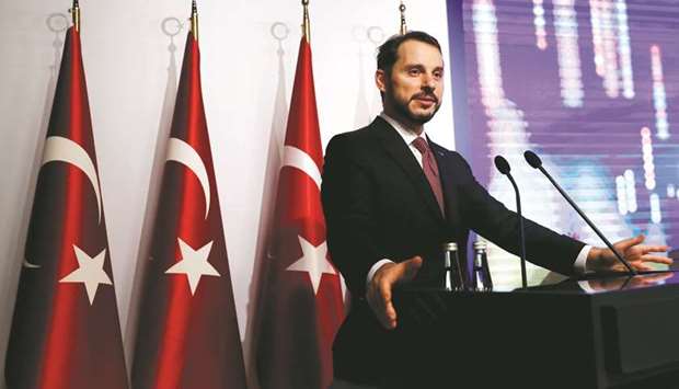 Turkish Treasury and Finance Minister Berat Albayrak speaks during a presentation in Istanbul (file). Turkeyu2019s growth will bounce back strongly and the governmentu2019s overall 2019 growth target of 2.3% was still in reach, he said yesterday on the sidelines of the World Economic Forum in Davos.