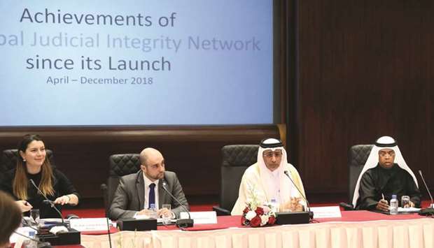 HE the Chairman of the Supreme Judicial Council Dr Hassan Lahdan Saqr al-Mohannadi chairing the third consultative meeting between the SJC and the UNODC in Doha yesterday.